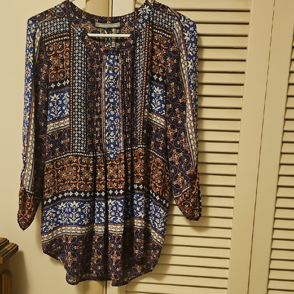 Daniel Rainn Blue and Orange Multi- Patterned Blouse